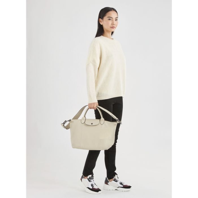 Beige Longchamp Le Pliage Cuir M Women's Top-handle Bags | US-6021JZP