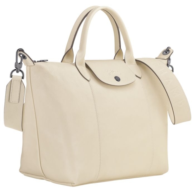 Beige Longchamp Le Pliage Cuir M Women's Top-handle Bags | US-6021JZP