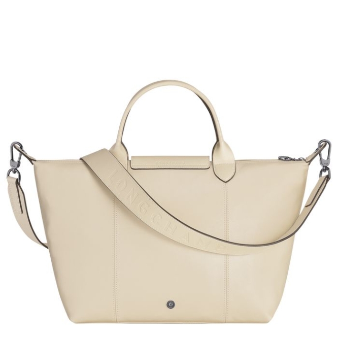 Beige Longchamp Le Pliage Cuir M Women's Top-handle Bags | US-6021JZP