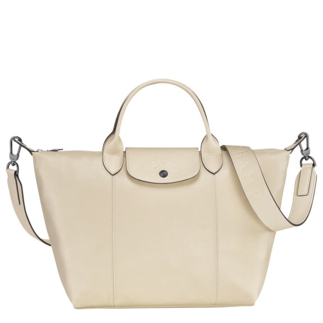 Beige Longchamp Le Pliage Cuir M Women\'s Top-handle Bags | US-6021JZP