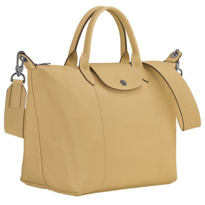 Beige Longchamp Le Pliage Cuir M Women's Top-handle Bags | US-6024USL