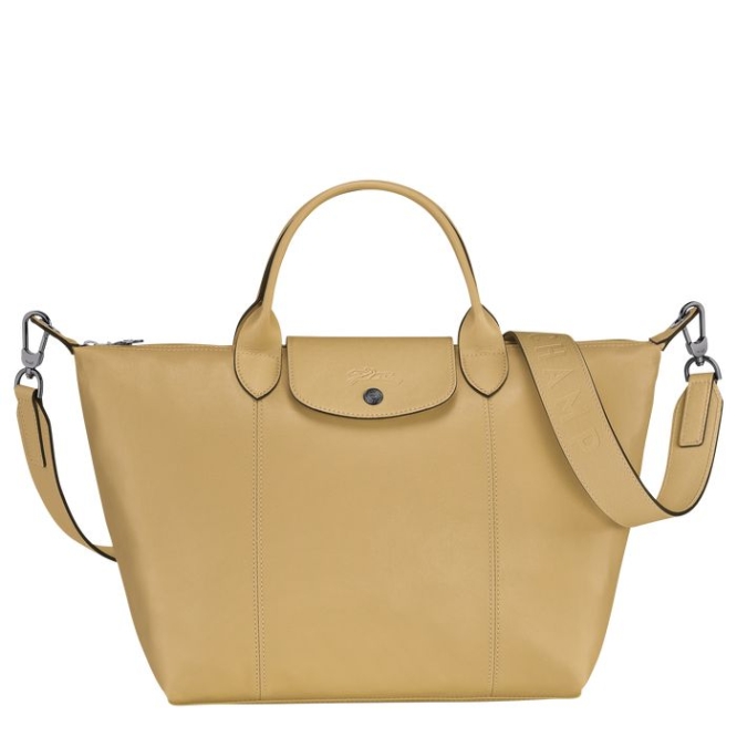 Beige Longchamp Le Pliage Cuir M Women\'s Top-handle Bags | US-6024USL