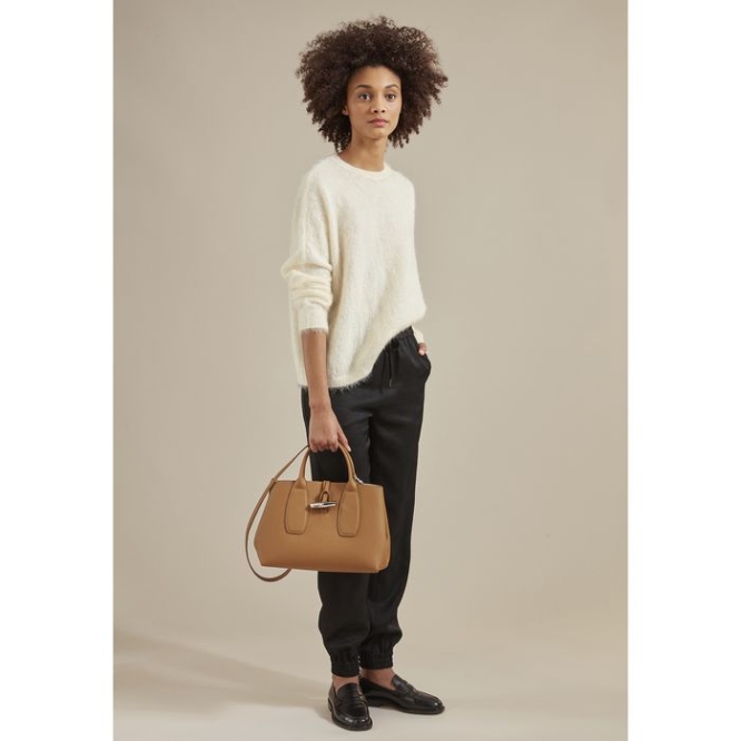 Beige Longchamp Roseau M Women's Top-handle Bags | US-6349VQT