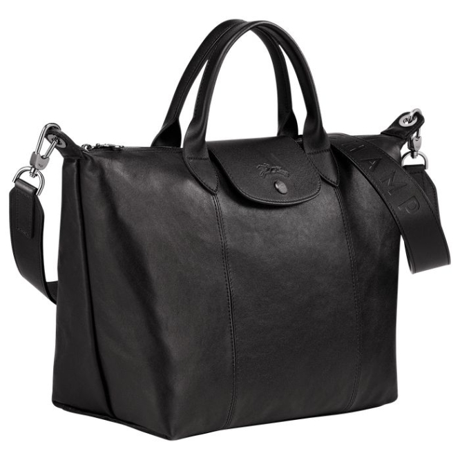 Black Longchamp Le Pliage Cuir M Women's Top-handle Bags | US-7934HDM