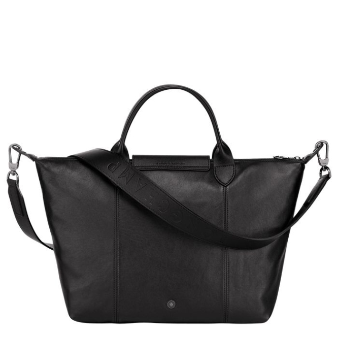 Black Longchamp Le Pliage Cuir M Women's Top-handle Bags | US-7934HDM