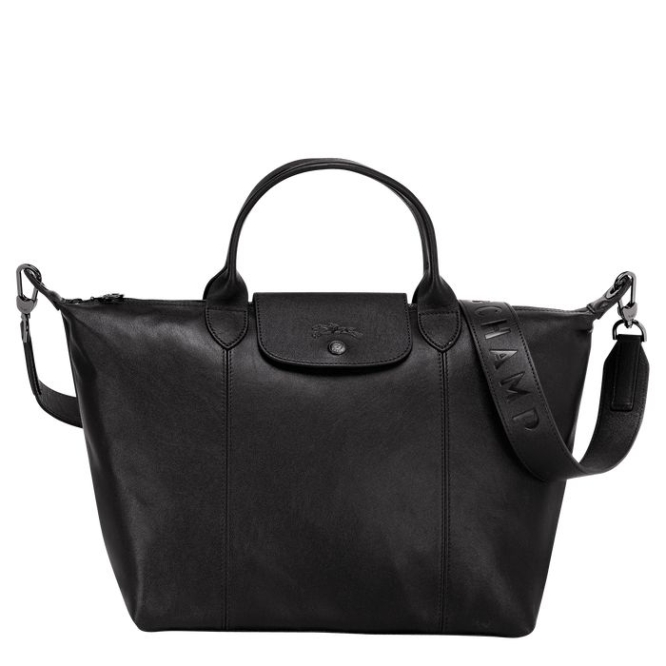 Black Longchamp Le Pliage Cuir M Women\'s Top-handle Bags | US-7934HDM