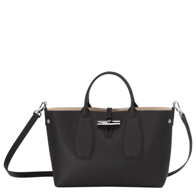 Black Longchamp Roseau M Women's Top-handle Bags | US-5024KVW