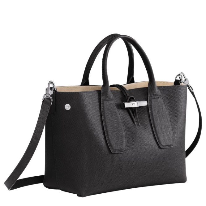 Black Longchamp Roseau M Women's Top-handle Bags | US-5024KVW