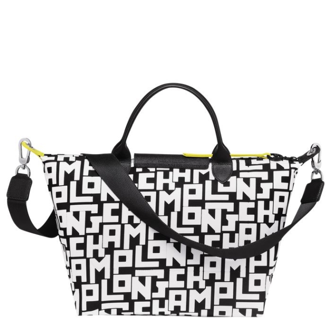 Black White Longchamp Le Pliage Lgp M Women's Top-handle Bags | US-5768KNU