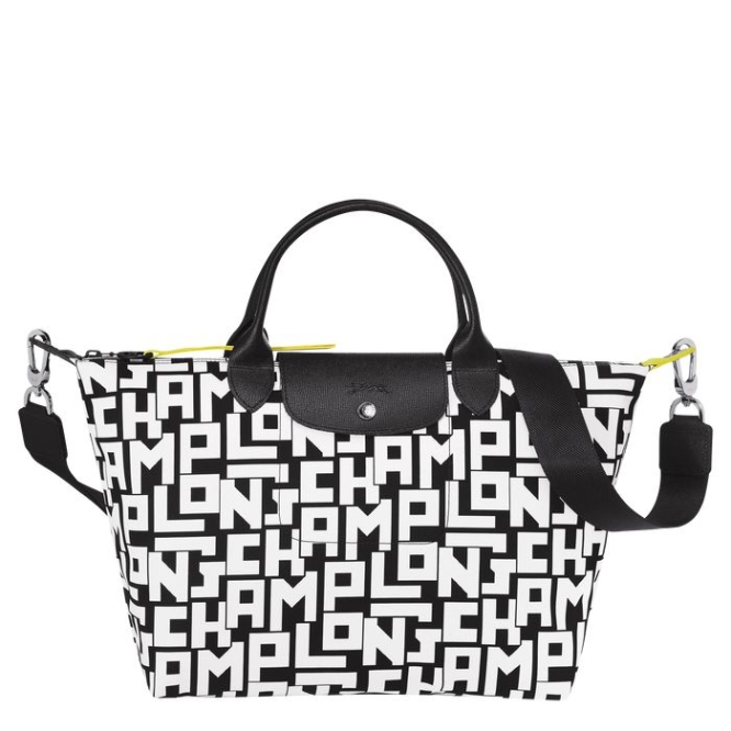 Black White Longchamp Le Pliage Lgp M Women\'s Top-handle Bags | US-5768KNU