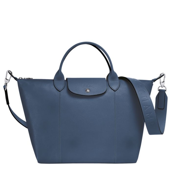 Blue Longchamp Le Pliage Cuir M Women\'s Top-handle Bags | US-0532TMJ