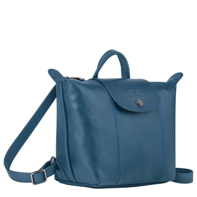 Blue Longchamp Le Pliage Cuir Women's Backpacks | US-0231GHT