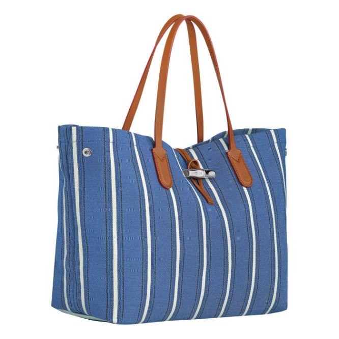 Blue Longchamp Roseau Essential Rayé L Women's Shoulder Bags | US-8271CEV