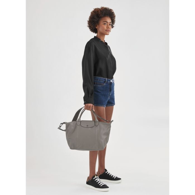 Grey Longchamp Le Pliage Cuir M Women's Top-handle Bags | US-2073YCV