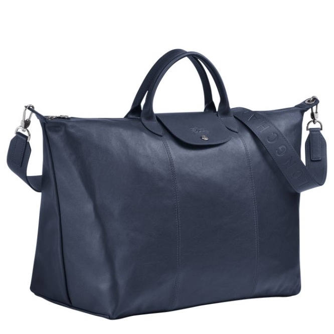 Navy Longchamp Le Pliage Cuir L Women's Travel Bags | US-7904VDG