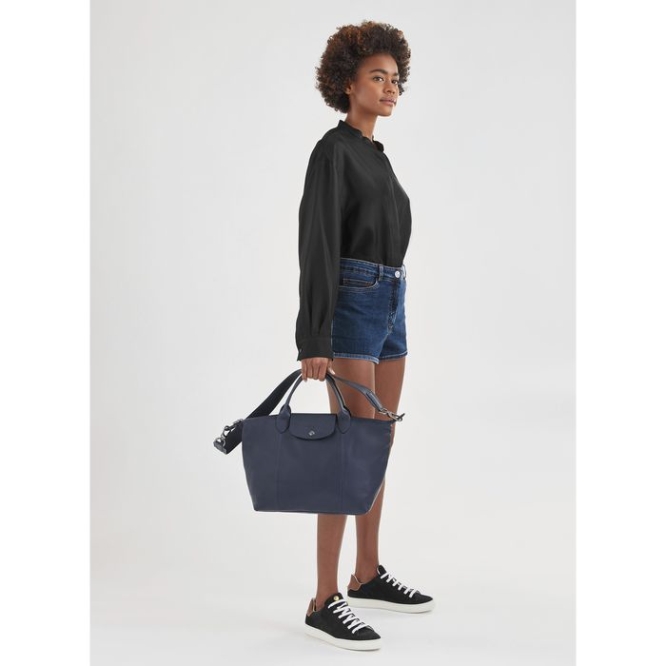 Navy Longchamp Le Pliage Cuir M Women's Top-handle Bags | US-7819CTQ