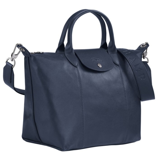 Navy Longchamp Le Pliage Cuir M Women's Top-handle Bags | US-7819CTQ