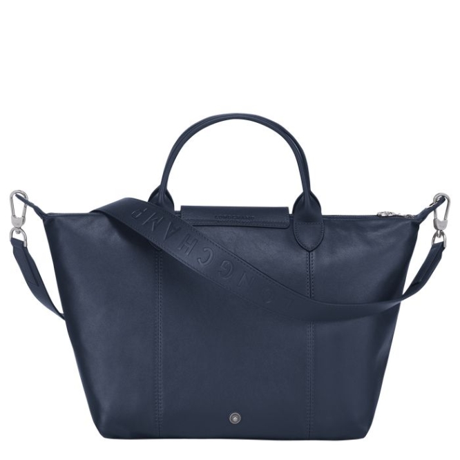 Navy Longchamp Le Pliage Cuir M Women's Top-handle Bags | US-7819CTQ