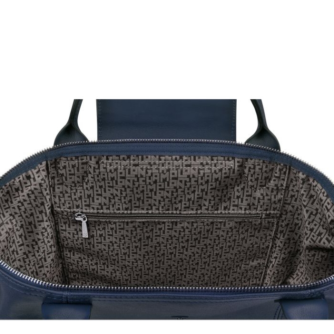 Navy Longchamp Le Pliage Cuir M Women's Top-handle Bags | US-7819CTQ