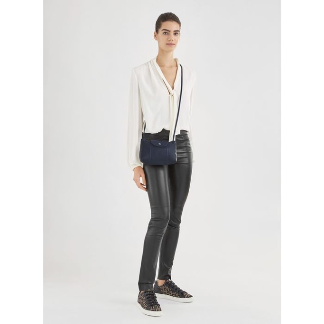 Navy Longchamp Le Pliage Cuir Women's Crossbody Bags | US-8024WXD