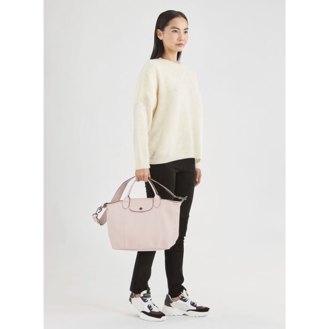 Pink Longchamp Le Pliage Cuir M Women's Top-handle Bags | US-2406RVJ