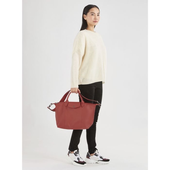 Red Longchamp Le Pliage Cuir M Women's Top-handle Bags | US-5190CUJ