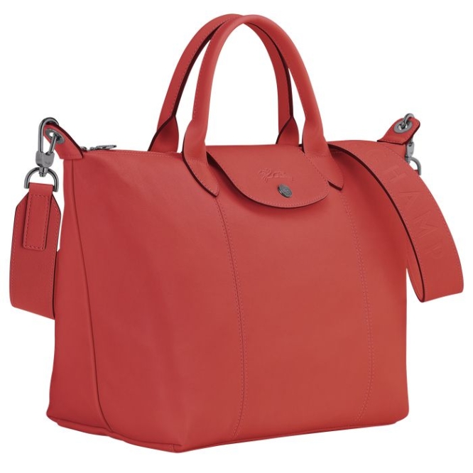 Red Longchamp Le Pliage Cuir M Women's Top-handle Bags | US-5190CUJ