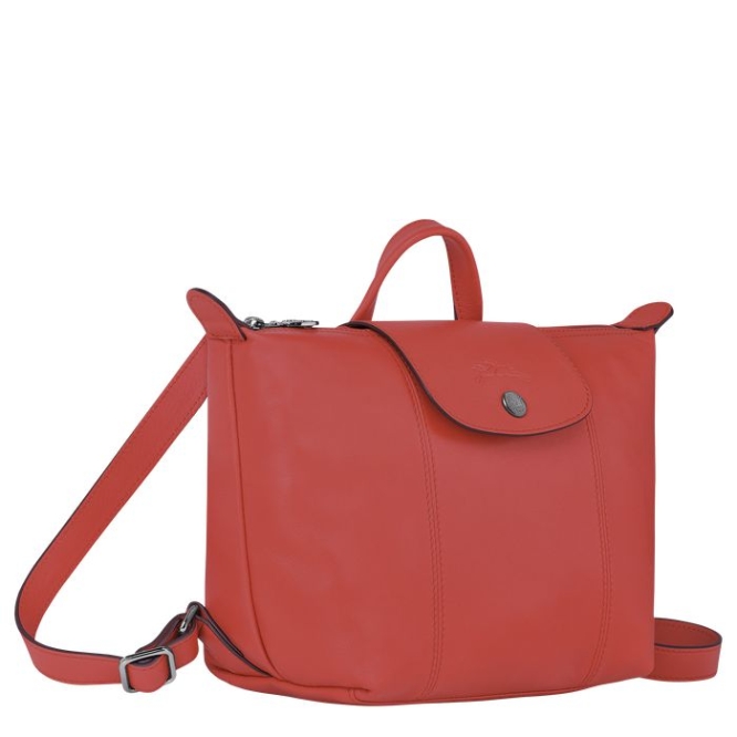 Red Longchamp Le Pliage Cuir Women's Backpacks | US-6104BTF