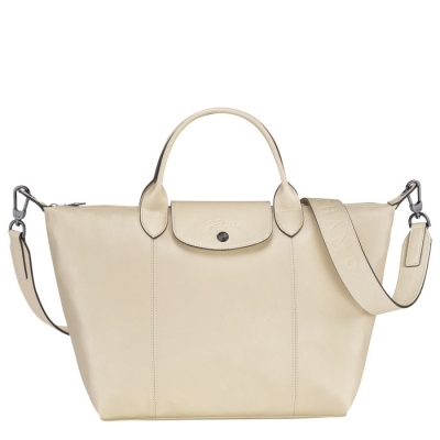 Beige Longchamp Le Pliage Cuir M Women's Top-handle Bags | US-6021JZP