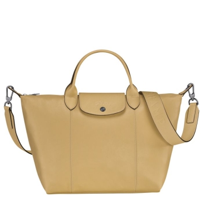 Beige Longchamp Le Pliage Cuir M Women's Top-handle Bags | US-6024USL