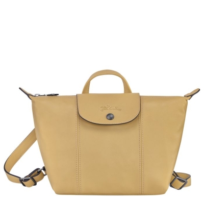 Beige Longchamp Le Pliage Cuir Women's Backpacks | US-4826LVE