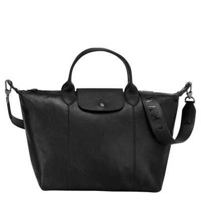 Black Longchamp Le Pliage Cuir M Women's Top-handle Bags | US-7934HDM