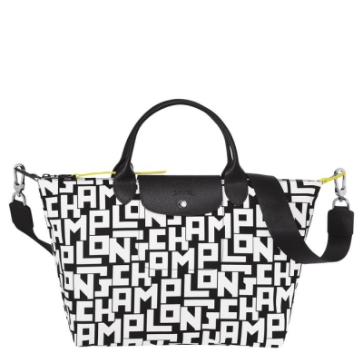 Black White Longchamp Le Pliage Lgp M Women's Top-handle Bags | US-5768KNU