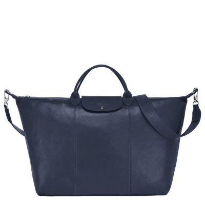 Navy Longchamp Le Pliage Cuir L Men's Travel Bags | US-5748JRM