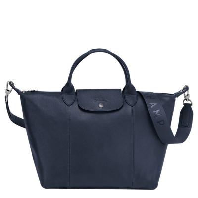 Navy Longchamp Le Pliage Cuir M Women's Top-handle Bags | US-7819CTQ