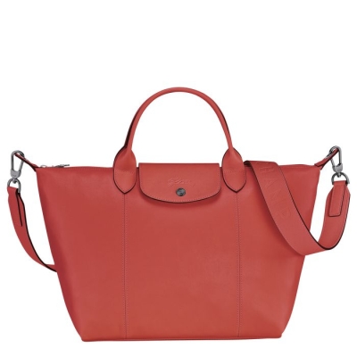 Red Longchamp Le Pliage Cuir M Women's Top-handle Bags | US-5190CUJ